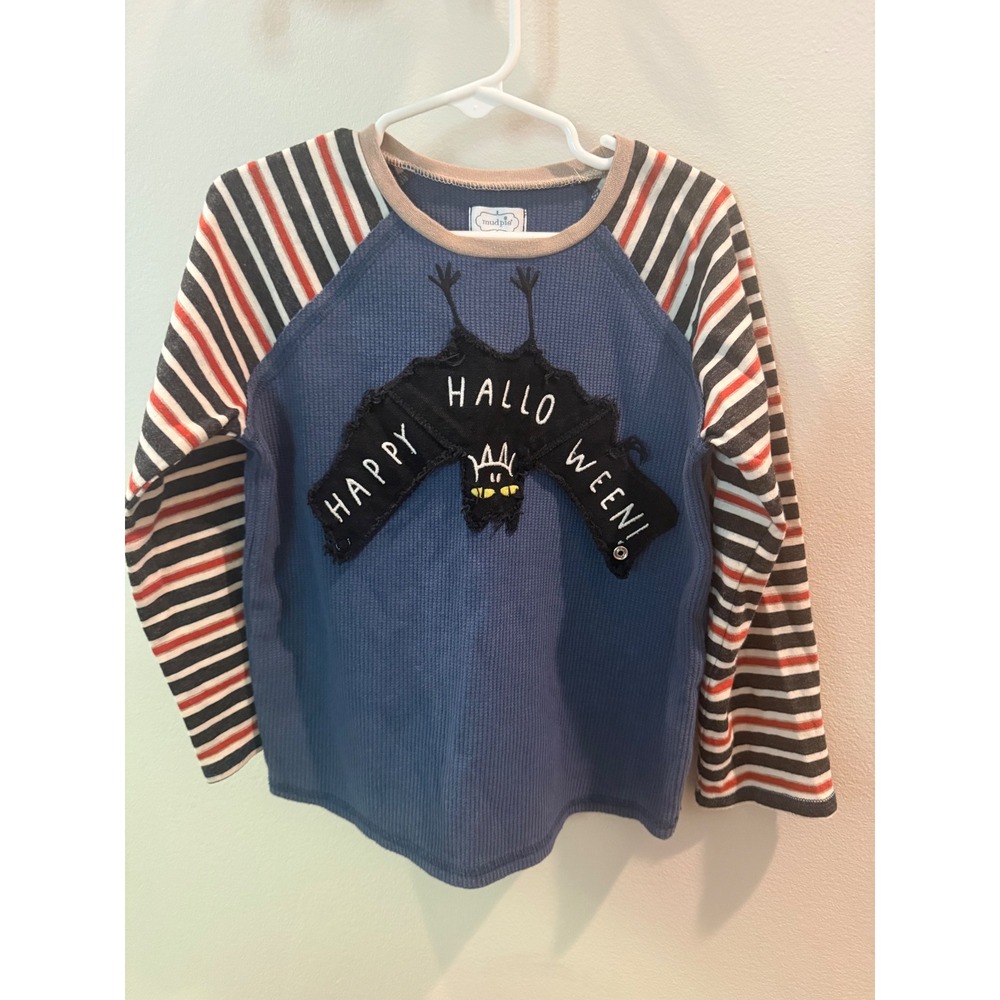 Mud Pie Boys Halloween Bat Thermal Shirt Blue Striped Raglan Top 4/5 Large woas